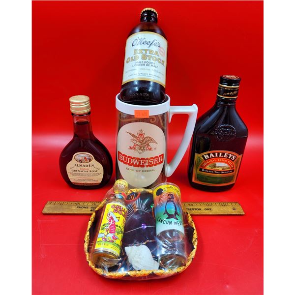 Baileys, Rose, O'Keefe's, Budweiser Cup & Gift Basket Including Bottle Of Gusano Rojo Mezcal