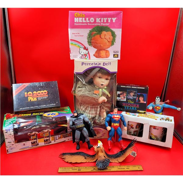 Hello Kitty Chia Pet, Superman/Batman Figurines, Porcelain Doll & Toy Lot