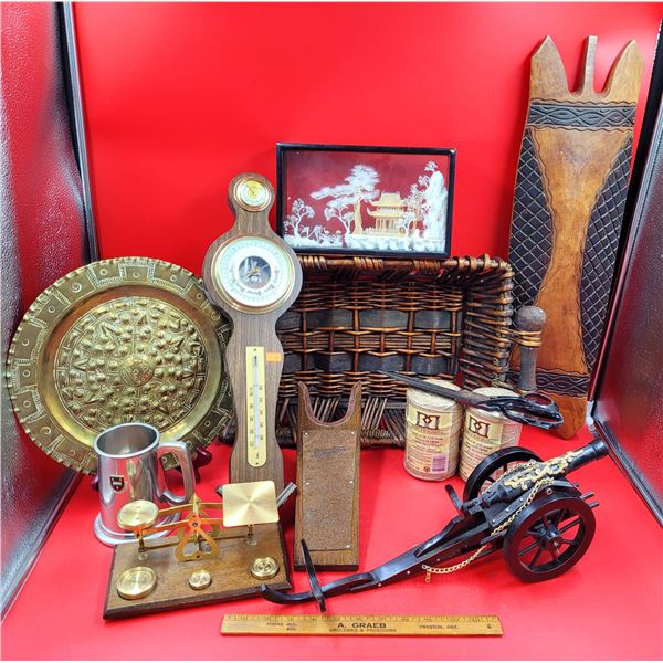 Misc. VTG Lot Including Brass Plate, Scale, & Canon Décor