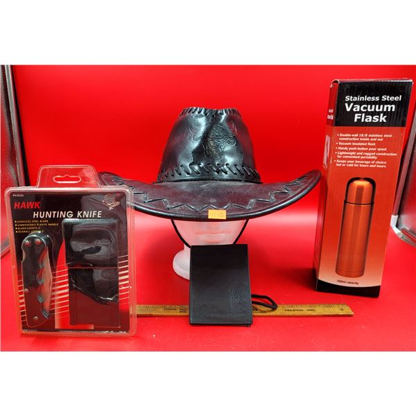 Black Leather Cowboy Hat, Vacuum Flask, Hawk Hunting Knife & Wallet