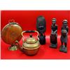 Image 1 : VTG Wood/Brass Fold Up Tray, Brass Teapot & Carved Wooden Statues
