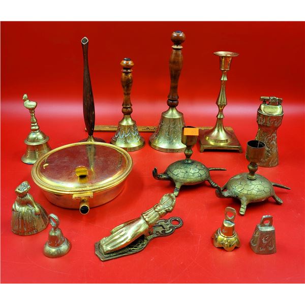 Large Lot Of Brass Items (Candle Holders, Lighter, Bells)