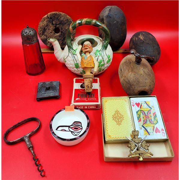 First Nations Raven Bowl, Decks Of Cards, Tea Pot, Wine Opener & Assorted VTG Items