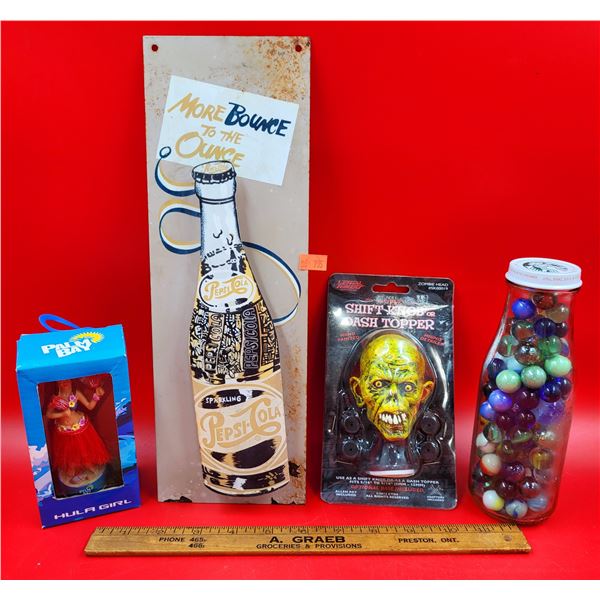 Pepsi-Cola 3D Sign, 2 Dash Toppers, & Jar of Marbles