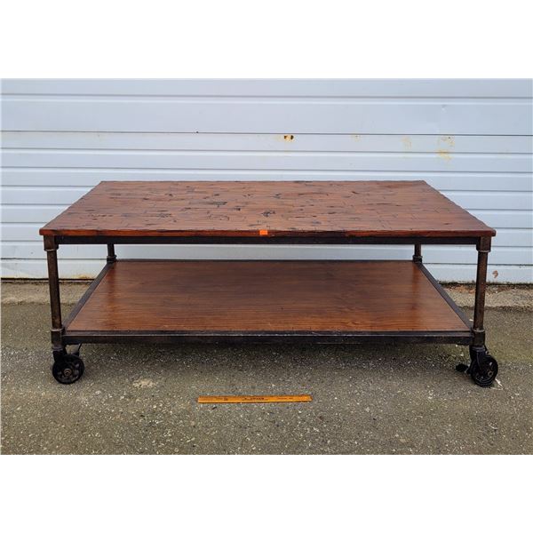 Industrial Wooden Coffee Table On Wheels