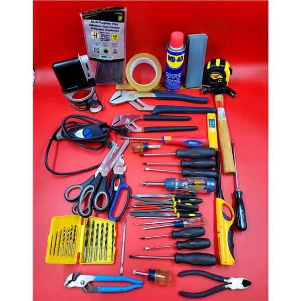 Assorted Tool Lot w/ Screwdrivers, Scissors, Hammer, Zip Ties, WD-40, & More