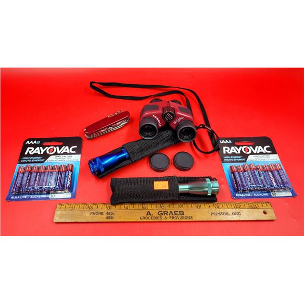 2 Flashlights, Tasco Binoculars, Pocket Knife, & Rayovac AAA Batteries
