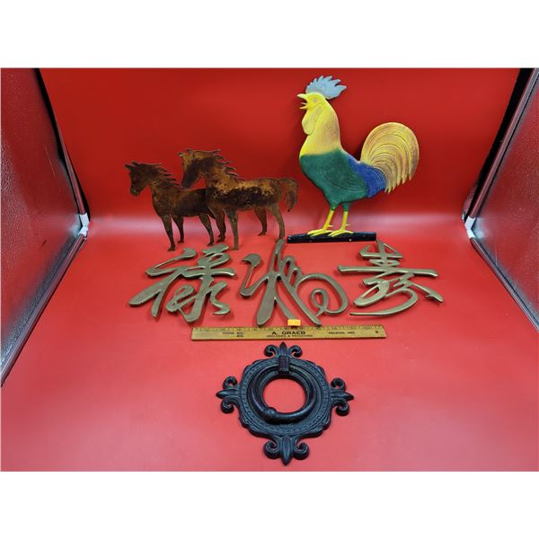 Garden Decor Lot w/ Rooster, Chinese Calligraphy, & More