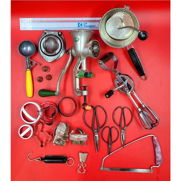 VTG Kitchen Supplies Lot w/ Meat Grinder, Hand Beater, Cookie Cutters, Ice Cream Scoop, & More