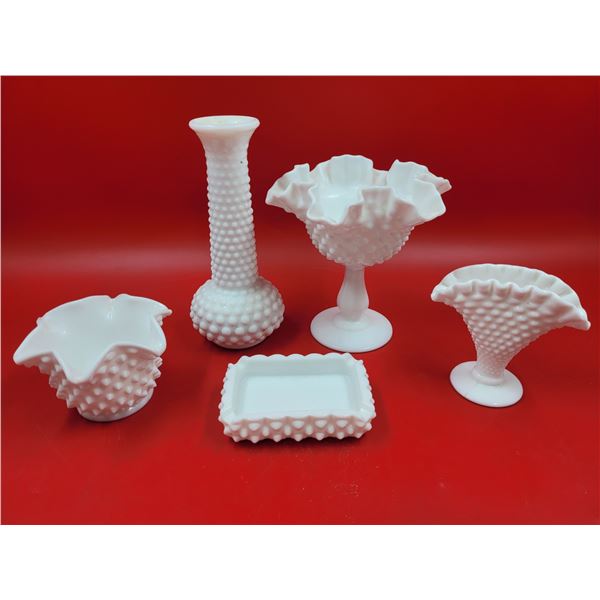 Lot of Hobnail Milk Glass w/ Fenton Nut Compote Bowl