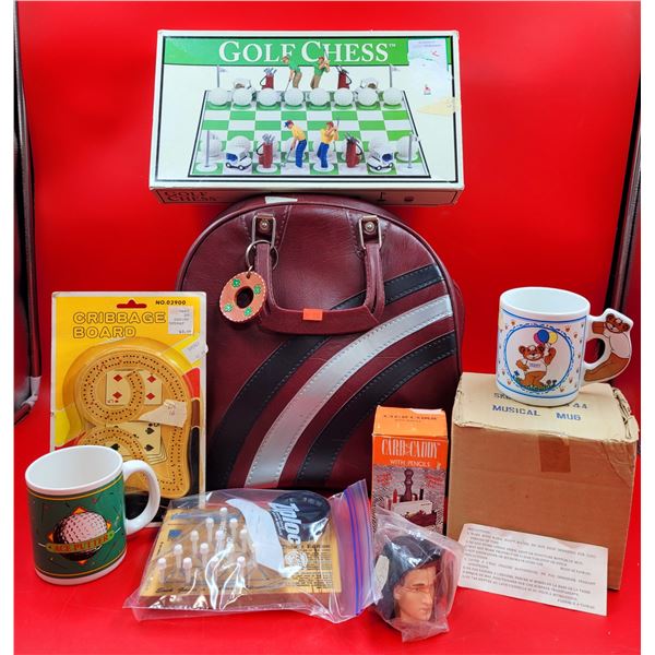 VTG Game & Mug Lot w/ Vinyl Bowling Bag, Golf Chess, Cribbage Board, Card Caddy, & More