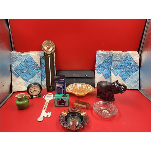 VTG Collectibles Lot w/ Carnival Glass Shell Dish, Ashtrays, Staedtler Drafting Set, & More