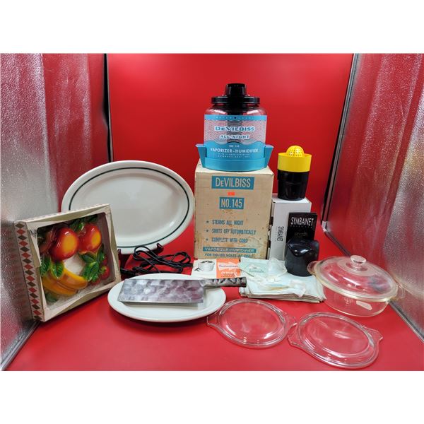 VTG Kitchen & Home Lot w/ DevilBliss Vaporizer-Humidifier, Fire-King Lidded Casserole Dish, & More