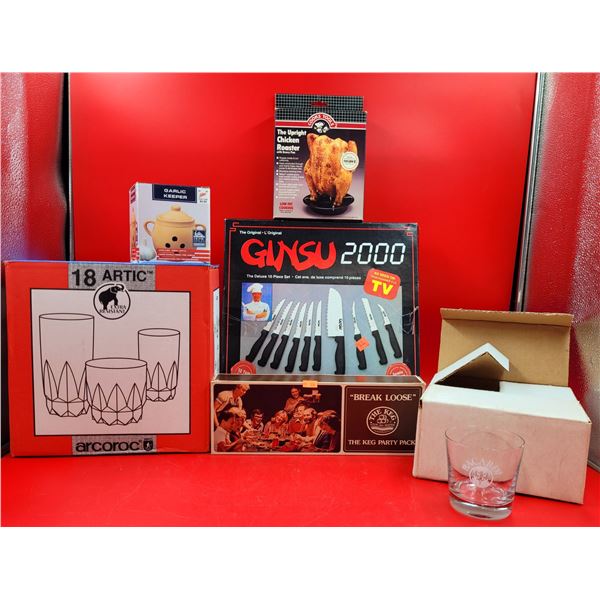 VTG Kitchen Lot w/ Bacardi Glasses, The Keg Glasses, Garlic Keeper, Ginsu Knives, & More