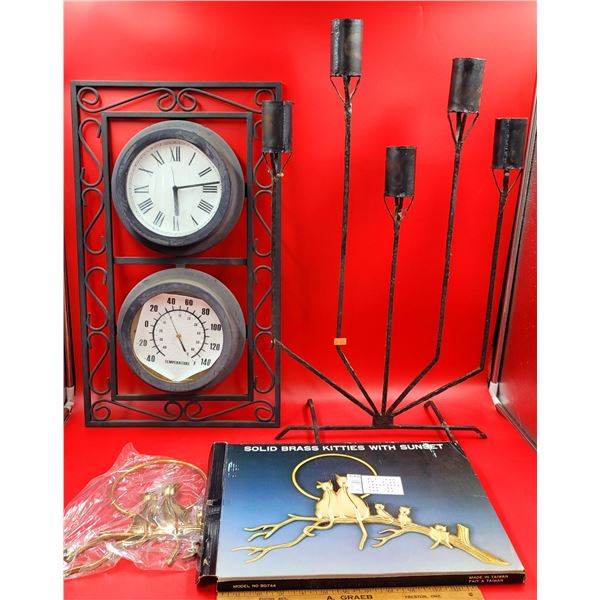 Wall Hanging Clock/Thermometer, Candle Holders & Solid Brass Kitties w/ Sunset Décor
