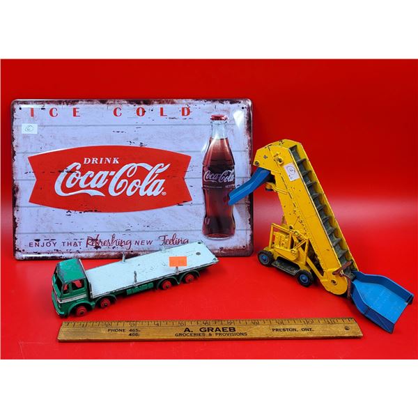Metal Coca-Cola Advertising Sign & 2 Dinky Diecast Supertoys