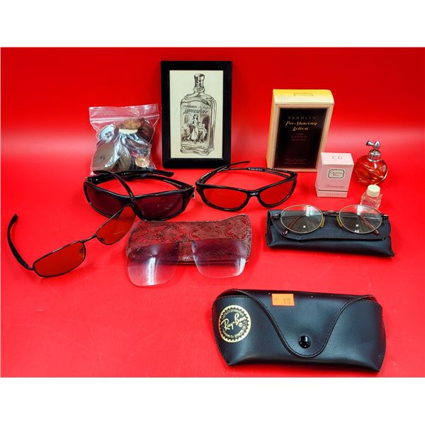 Smalls Lot w/ Perfume Bottles, Sunglasses, & VTG Bakelite Buttons