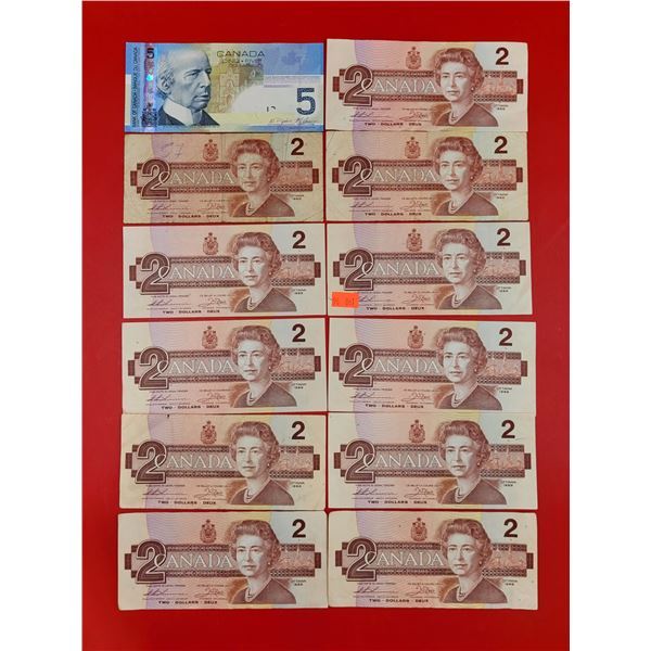 11 VTG $2 Canadian Bills & $5 Canadian Bill