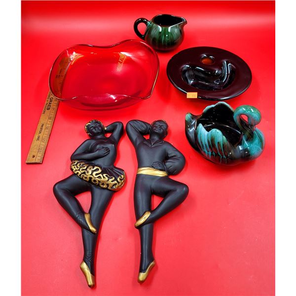 Pottery, Chalkware, & Glass Lot w/ Chalkware Dancers, Blue Mountain Pottery Swan, & More