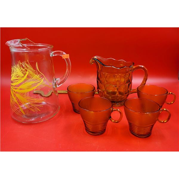 Golden Wheat Pitcher & Amber Glass Pitcher w/ Matching Cups