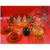 Image 1 : Colored Glass Lot w/ Duraflex Cups, Indian Goblets, Etched Plate, Avon Jar, & More