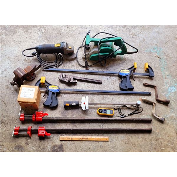 Lot Of Assorted Tools Including Vise, Wrench & Bar Clamps