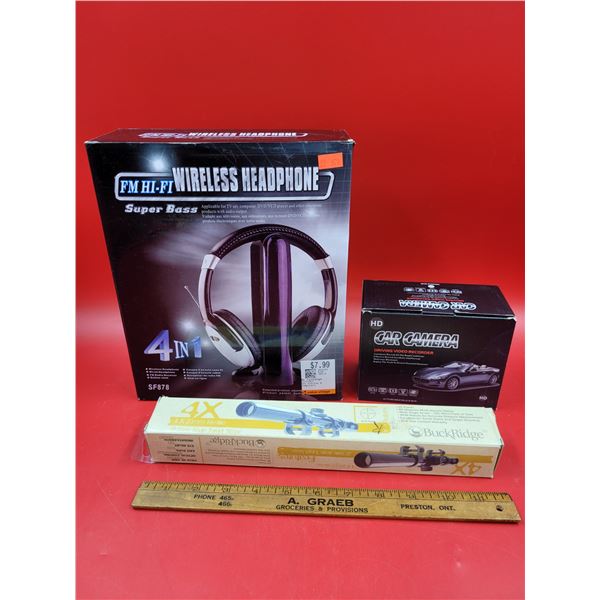 Wireless Headphones, HD Car Camera, & BuckRidge Target Scope