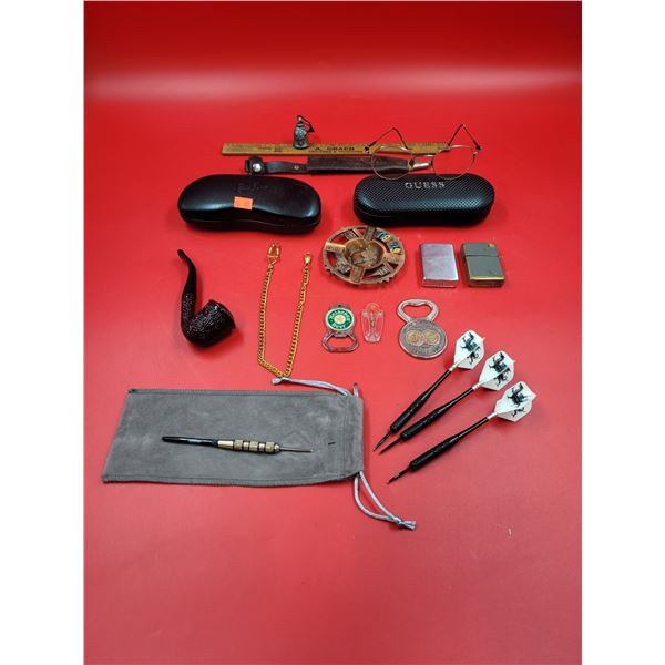 Darts, Glasses, Pipe, Chain, Lighters & Smalls Lot