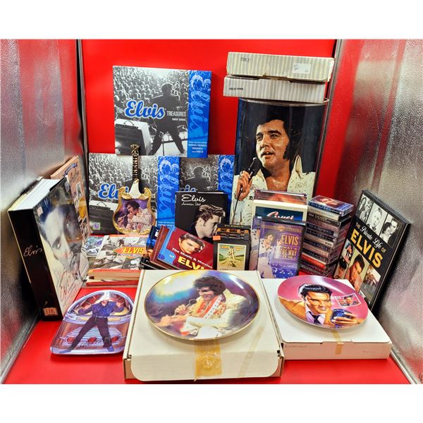 Elvis Collectibles Lot w/ Plates, Books, Cassette Tapes, 8-Tracks, & More
