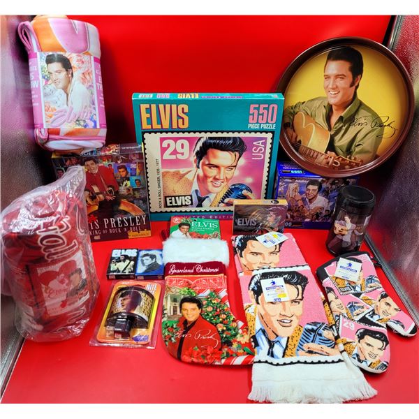 Elvis Collectibles Lot w/ Serving Tray, Tea Towel, Stocking, Oven Mitt, Puzzle, Blanket, & More