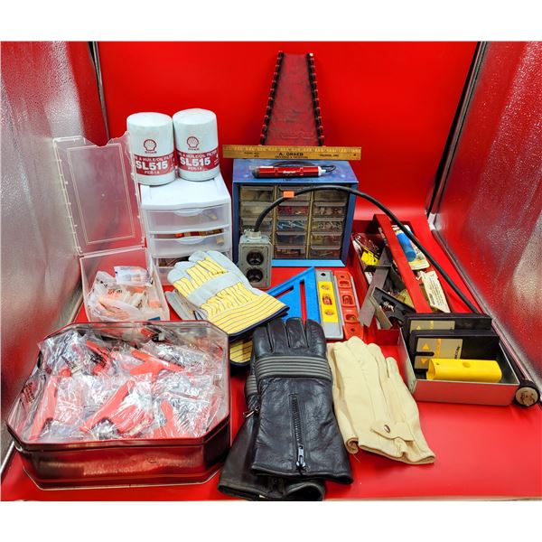 Assorted Tool Lot w/ Work Gloves, Screen Sweepers, Parts Cabinet, Shell Oil Filters, Levels, & More
