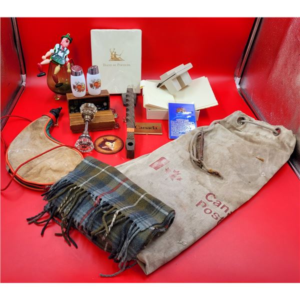 VTG Collectibles Lot w/ Glass Doorknob, Bota Bag, Canada Post Mail Bag, Salt/Pepper Shakers, & More