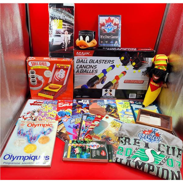 Toy & Comic Lot w/ Ball Blasters, Skee-Ball Game, Assorted Comics, Acrylic Paints, & More