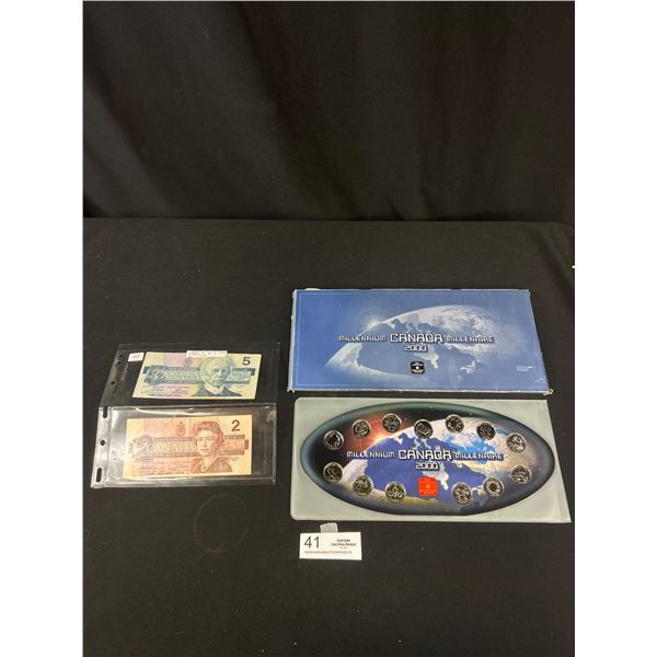 2000 Canada Millenium Coin Set + 1986 $5 and $2 Bank Notes