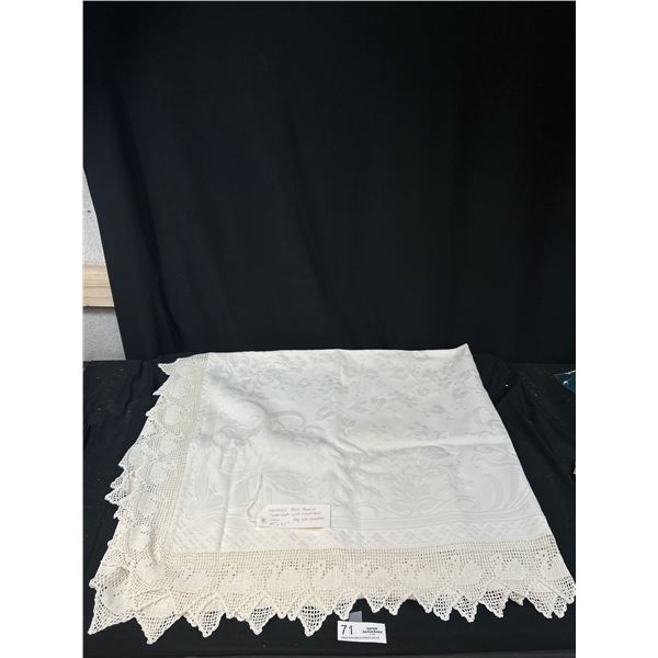 Wonderful 1920s French Table Cloth w/ Handmade Lace, 54" x 45"