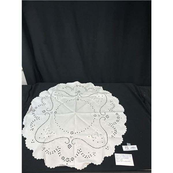 Vintage Embroidered White Work Table Cloth, w/ Flowers and Butterflies 26" Diameter