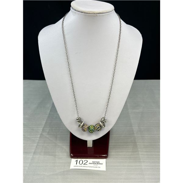 Vintage Silver w/ Rhinestones Barrel Beads Necklace