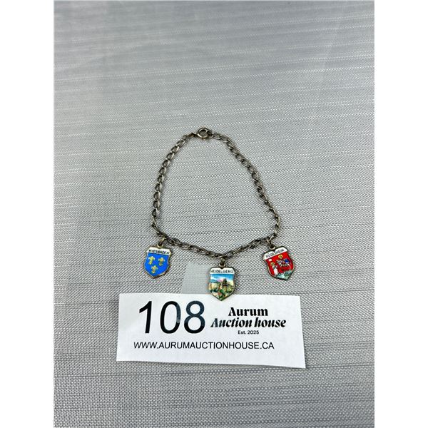 Vintage German Silver w/ 3 Enamel Charms (Heidelberg, Wiesbaden, Rudesheim) Bracelet