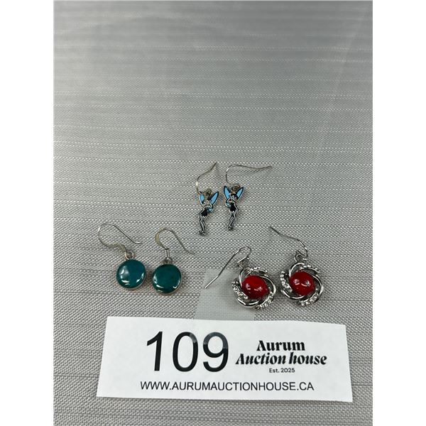 3 Pairs of Sterling Silver, Stainless Steel + Silver Earrings