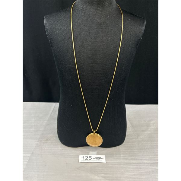 Large (Vintage Gold Plated Hinged Picture Locket Pendant w/ Chain Marked Baer SF)
