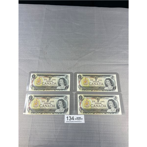 Lot of 4 Canadian In Sequence 1973 $1 Banknotes