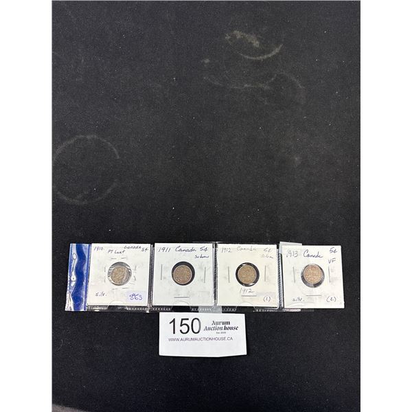 Lot of 4 Canadian Silver 5 Cent Coins From 1910-1913