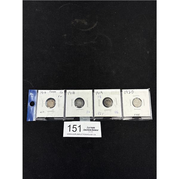 Lot of 4 Canadian Silver 5 Cent Coins From 1917-1920