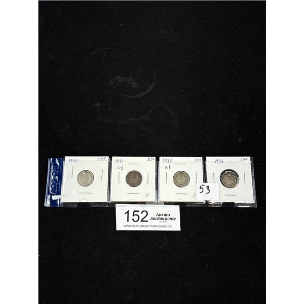 Lot of 4 Canadian Silver 10 Cent Coins, 1930,31,35,36