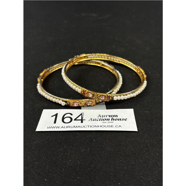 Pair of Vintage Gold Plated w/ Pearls + Rhinestones Bangles