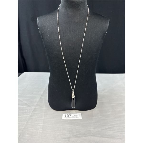Silver Plated Black Onyx Stone Pendant w/ Chain Necklace