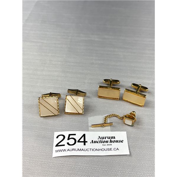 2 Pairs of Gold w/ Mother of Pearl Cufflinks + 1 Tie Pin