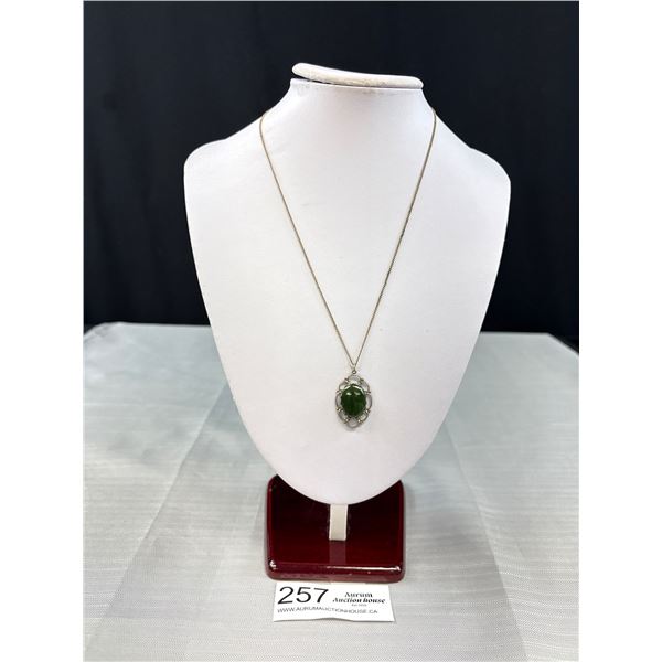 Vintage Dark Green Jade Silver Pendant w/ Chain Necklace