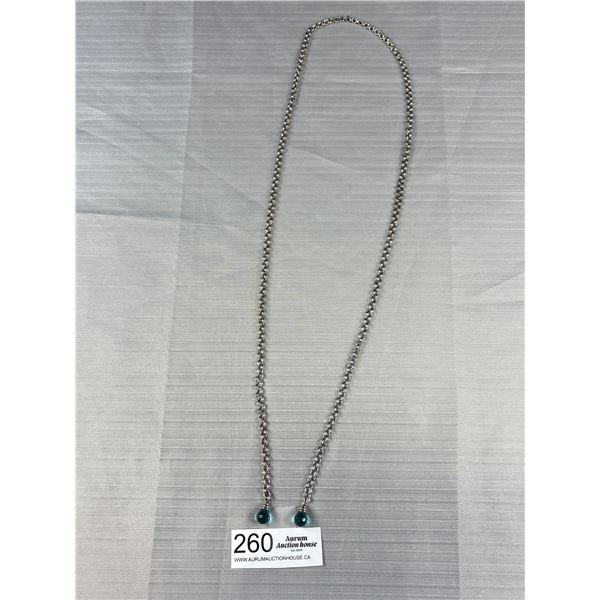 Silver Plated on Copper Link Necklace w/ Green Glass Beads Tassles