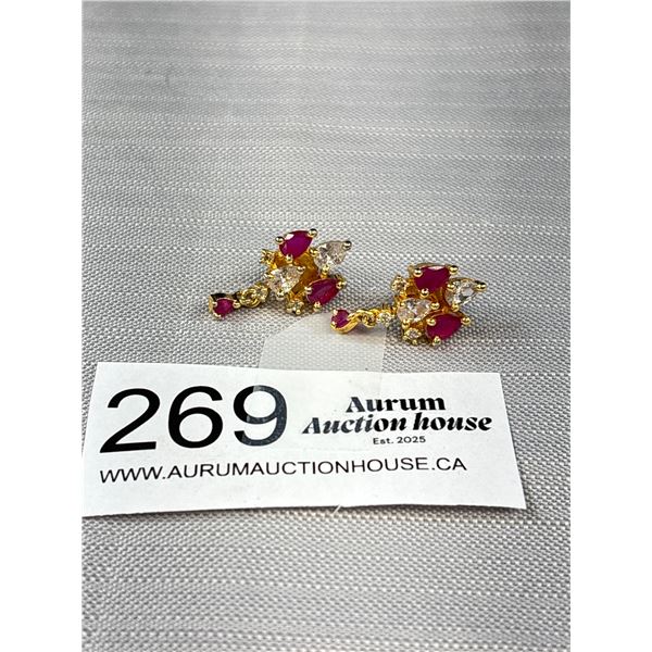 Beautiful 22K Gold Plated w/ Rubies + Crystal Stones Pairs of Earrings